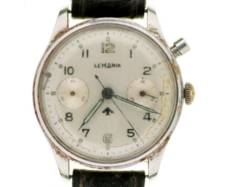 A LEMANIA ROYAL NAVY ISSUE SINGLE BUTTON CHRONOGRAPH WRISTWATCH, (1939-46)  4cm, case back marked H.S. [broad arrow] 9/35074,