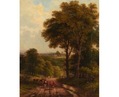 JOSEPH GIBBS (1848-1924) CATTLE ON A WOODED ROAD  signed and dated 1890, oil on canvas, 58 x 49cm++Lined with some light craq