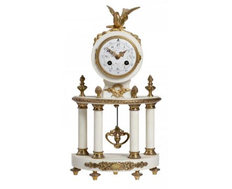 A FRENCH GILTMETAL MOUNTED STATUARY MARBLE COLONNADE CLOCK, 20TH C the earlier associated late 19th c  drum cased, bell strik