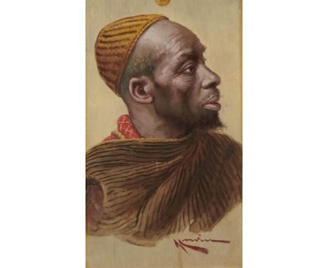EAST AFRICAN SCHOOL, 20TH CENTURY  HEAD OF A MAN   indistinctly signed, oil on panel, 25 x 15cm++Varnish requiring a light cl