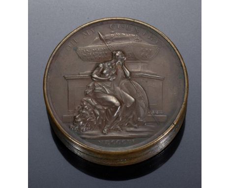 WILLIAM PITT.  A COMMEMORATIVE GILT BRASS MEDALLIC SNUFF BOX AND COVER, C1823  the cover  inset with  bronze cliché portrait 