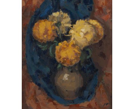 †JAMES FRY (1911-1985) YELLOW FLOWERS IN A VASE   signed with initials, oil on board, 59.5 x 49cm++Localised paint shrinkage;