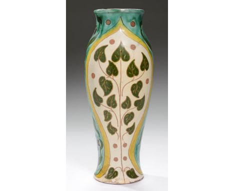 A DELLA ROBBIA IRIS VASE DECORATED BY VIOLET WOODHOUSE, C1900  covered in cream slip and incised with Art Nouveau panels of s