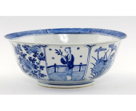 A CHINESE BLUE AND WHITE BOWL, QING DYNASTY   with everted rim, the interior painted with a flowering plant , 26cm diam,  apo