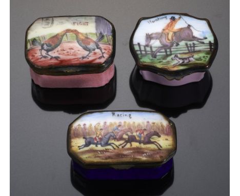 THREE SAMSON ENAMEL BOXES, C1900 painted with fighting cocks, a horse race or fox hunter, 5-6cm l, one with crossed S's mark+