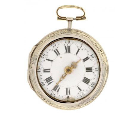 A SILVER PAIR CASED VERGE WATCH CABRIER LONDON,  18TH C  with  enamel dial, filigree hands, foliage pierced and engraved, bri