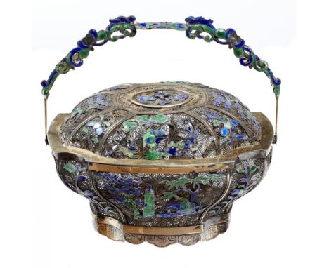 A CHINESE PARCEL GILT SILVER FILIGREE AND ENAMEL BASKET AND COVER, LATE 19TH/EARLY 20TH C  10.5cm h ++Slight faults