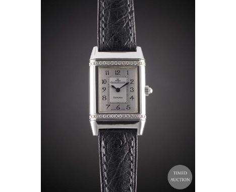 A LADIES STAINLESS STEEL &amp; DIAMOND JAEGER LECOULTRE REVERSO WRIST WATCH
CIRCA 2000 WITH JAEGER LECOULTRE WATCH BOX
Moveme