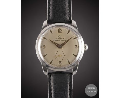 A GENTLEMAN'S STAINLESS STEEL LEMANIA AUTOMATIC WRIST WATCH
CIRCA 1960s, REF. 288/3 SILVER DIAL WITH "SUNKEN" QUARTERLY ARABI