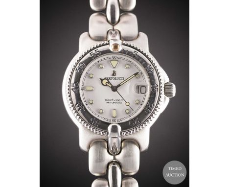 A GENTLEMAN'S STAINLESS STEEL BERTOLUCCI 300M AUTOMATIC DIVERS BRACELET WATCH
CIRCA 1990s
Movement:&nbsp;Automatic.
Case:&nbs
