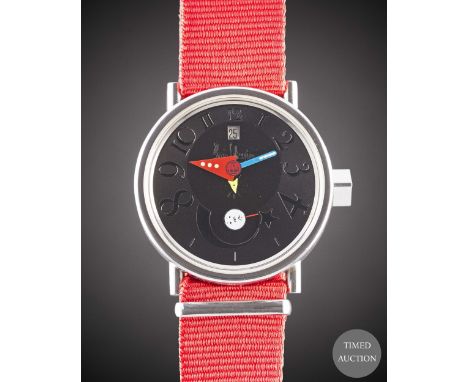 A GENTLEMAN'S STAINLESS STEEL ALAIN SILBERSTEIN BODONI AUTOMATIC MOONPHASE WRIST WATCH
CIRCA 1990s, LIMITED EDITION OF 500 PI