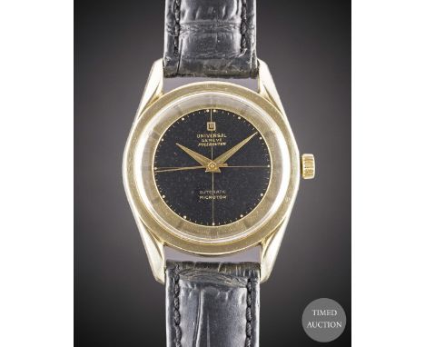 A GENTLEMAN'S GOLD CAPPED UNIVERSAL GENEVE POLEROUTER WRIST WATCH
CIRCA 1960, WITH BLACK GILT CROSSHAIR DIAL
Movement:&nbsp;2
