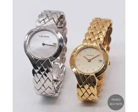 A LOT OF TWO 18K SOLID GOLD LADIES BRACELET WATCHES BY A. BARTHELAY TO INCLUDE ONE IN 18K SOLID WHITE GOLD AND ONE IN 18K SOL