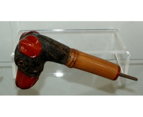 Stunning Late Victorian / Edwardian carved dogs head walking cane / stick handle with cane support, 15cm High excluding the s