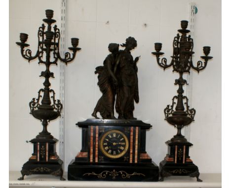 Large and Impressive 19th century slate mantle clock with garnitures, name to dial