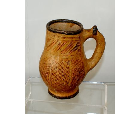 Early pottery tankard with underglaze decoration, poss. Nishapur? 13.5cm High