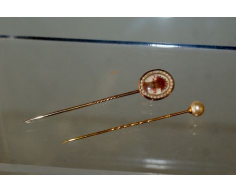 2 Victorian / Edwardian yellow metal stick pins