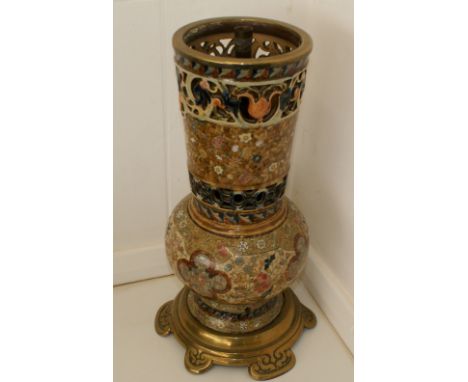 Large Isnik persian pierced 19th century lamp on brass base, converted vase to lamp