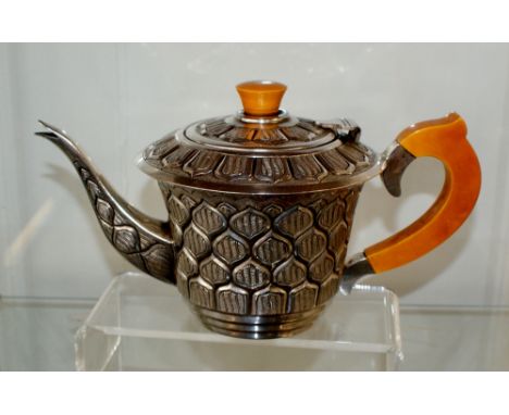 Art Deco Indian silver teapot with good decoration, inscribed to base from T.D.E.S Officers &amp; Staff Kanpur 6-4-55, 4.5 in