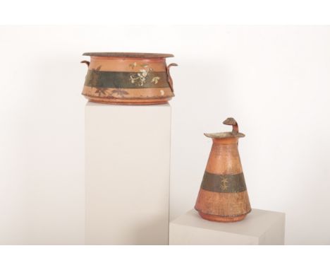A VICTORIAN TOLEWARE JUG AND BASIN BY CLIFTON OF WOLVERHAMPTONred-painted with foliate decoration, the basin 52cm wide, and t