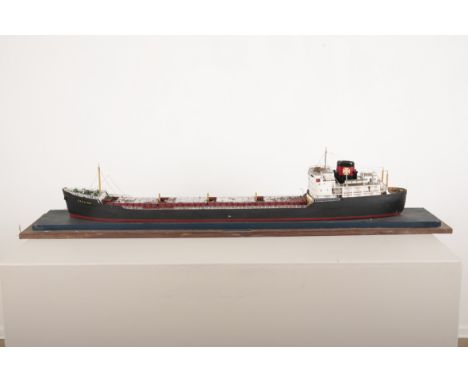 A PAINTED WOODEN MODEL OF HOULDER LINE ORE CARRIER SHIP 'OREDIAN'constructed by Radio Officer D. Owen, the vessel in black, r