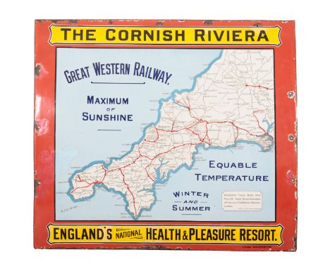 A GREAT WESTERN RAILWAY ENAMEL ADVERTISING SIGN 'THE CORNISH RIVIERA' by Chromo of Wolverhampton, an inscription lower right 
