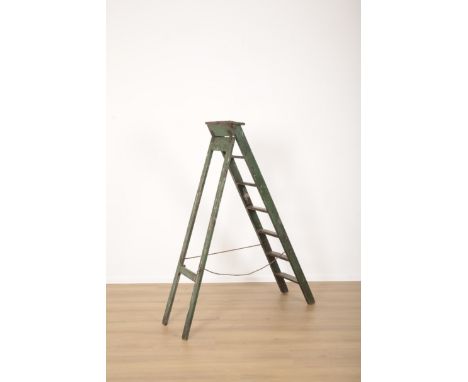 A GREEN PAINTED FOLDING STEP LADDER20th century, seven treads and secured by ropes to the sides, 150cm high x 33cm wide