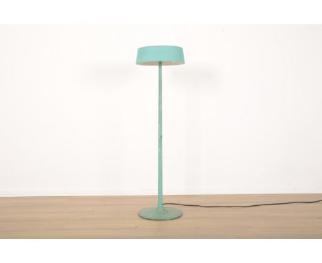 A METAL TURQUOISE FLOOR LAMP BY HABITATmid-century modern, with disc shaped metal shade and circular base, 112cm high x 30cm 