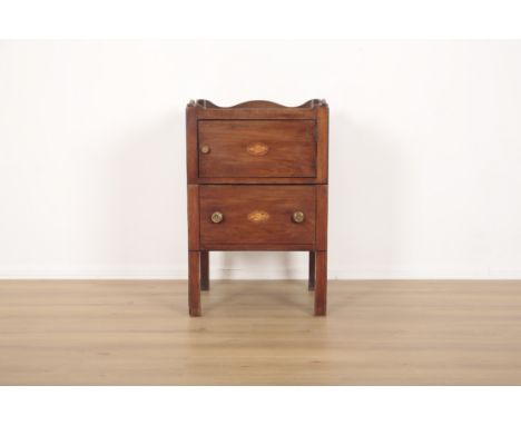 A GEORGE III MAHOGANY TRAY TOP COMMODE OR NIGHT STANDthe wavy galleried top with pierced handles, a single cupboard and conve