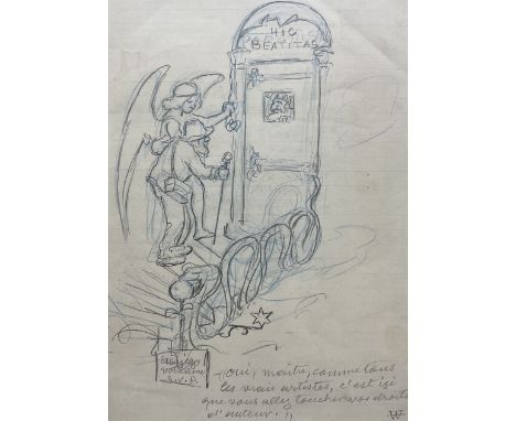 Adolphe Willette (French 1857-1926): Heaven’s Gate, ink and pencil cartoon sketch signed with monogram 16.5 cm  x 23 cm