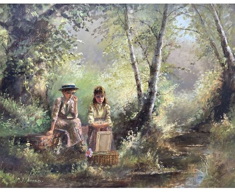 Paul J Attfield (British 1950-): Girls Painting by a Woodland Stream, oil on board signed 39cm x 49cm 