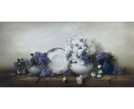 Judith Levin (British 1956-): Still Life of Purple Flowers, oil on canvas signed 37cm x 75cm 