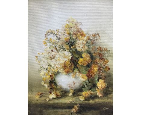 Judith Levin (British 1956-): Still Life of Yellow Flowers, oil on board signed 39cm x 29cm 