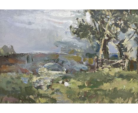 William B Dealtry (British 1915-2007): Landscape with Gate, oil on board signed 31cm x 44cm 
