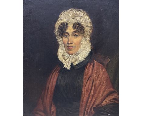 English School (19th Century): Portrait of a Lady in White Bonnet, oil on board unsigned 36cm x 30cm 