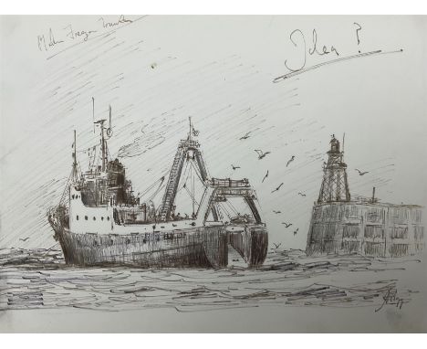 Jack Rigg (British 1927-2023): Portrait of a Trawler, pen and ink sketch signed and indistinctly titled 21cm x 27.5cm (unfram