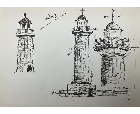 Jack Rigg (British 1927-2023): 'Whitby' Lighthouse Studies, pen and ink sketch titled, signed verso 21cm x 29.5cm (unframed)