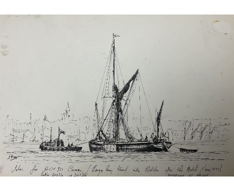 Jack Rigg (British 1927-2023): 'Barge being toured into Maldon after the Match - June 1977', pen and ink sketch signed and ti