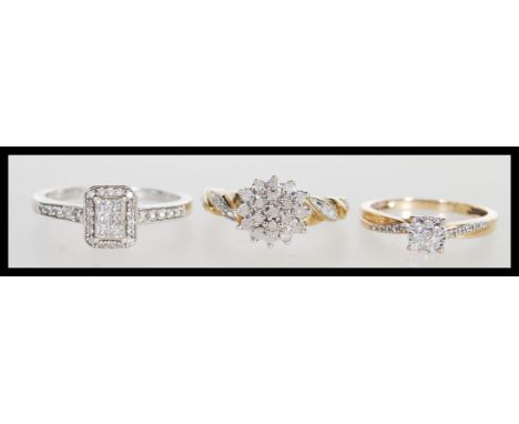 Three 9ct gold rings to include a white stone cluster ring having twist design shoulders ( hallmarked Birmingham, size O), a 