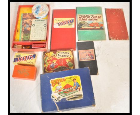 A group of vintage 20th Century 1950's and later board games and toys to include a Bayko building set 2, Meccano set, Lotto, 