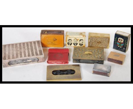 A collection of vintage early 29th Century match box covers and holders to include silver plated large example, Mauchline war