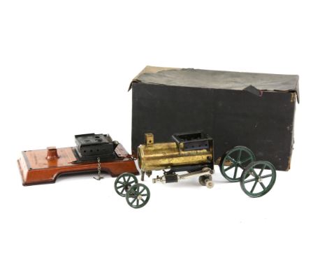 Early 20th century Marklin No.5 brass and plate metal 3-way steam engine, with Gamages retailers stamp to base, in original b