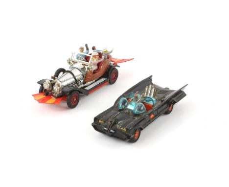 2 Corgi Toys - Corgi 'Rocket Firing Batmobile' No. 267 in black with blue tinted windscreen and red bat hubs and Chitty Chitt