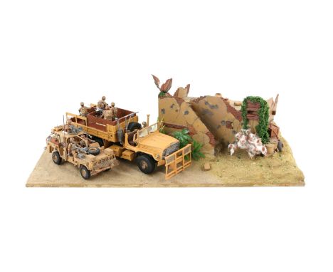 Diorama including Range Special Operations Vehicle and US Army Gun Truck, with figures and building shell, models by Tamiya.