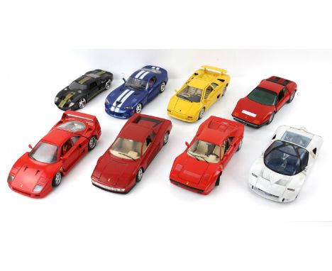 25 1:18 scale scale model racing and sports cars including Burago Jaguar E 1961, Ferrari GTO 1984, Viper RT/10 Dodge, Ferrari