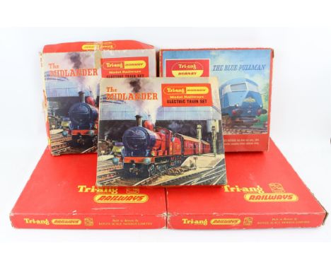 Tri-Ang - 6 boxed electric train sets including 2 x R. 161 Operating Hopper Carriage Set, R5.8 The Midlander x 2, RS. 52 Blue