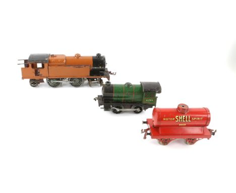 Hornby Type 30 GWR green engine, '45746', Hornby LMS engine 45745 and Hornby Motor Shell Spirit fuel carriage, largest, circa