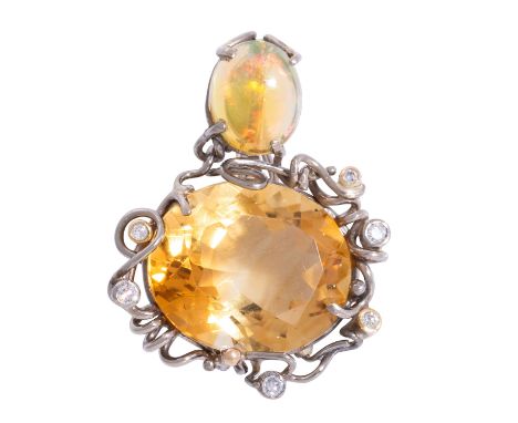 Clip-Anhänger mit Citrin und Welo-Opal, Palladium-Silber-Goldlegierung, 4,1 g, 2,6x2 cm, Citrin oval facettiert 15x12 mm, asy