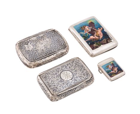 Konvolut 3 Zigaretten- bzw. Tabakdosen, 1 Streichholzetui, Silber, 19./20. Jh.: Jugendstil-Zigarettenetui und passendes Strei