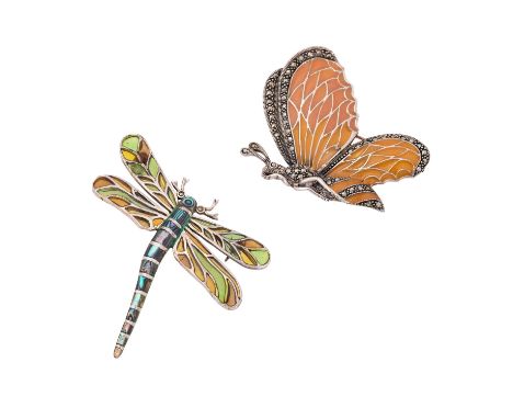 Konvolut aus 2 Insektenbroschen, Silber, 27,5 g, mit Markasit, Perlmutt und farbigen Inlays, davon 1 Libelle 6x5,5 cm und 1 S